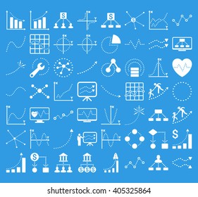 Business Charts With Rhombus Dots vector icons. Style is white flat symbols on a blue background. 56 icons in the set.