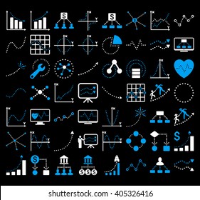 Business Charts With Rhombus Dots vector icons. Style is bicolor blue and white flat symbols on a black background. 56 icons in the set.