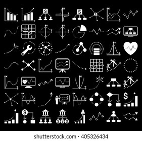 Business Charts With Rhombus Dots vector icons. Style is white flat symbols on a black background. 56 icons in the set.