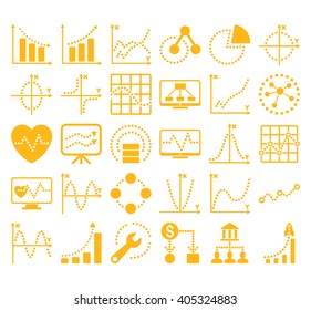 Business Charts With Square Dots vector icons. Style is yellow flat symbols on a white background.