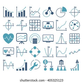 Business Charts With Square Dots vector icons. Style is bicolor cyan and blue flat symbols on a white background.