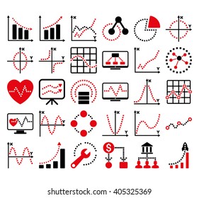 Business Charts With Square Dots vector icons. Style is bicolor intensive red and black flat symbols on a white background.