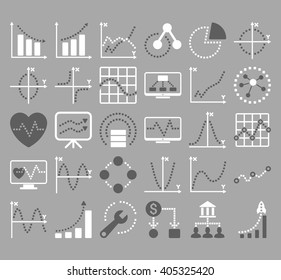 Business Charts With Square Dots vector icons. Style is bicolor dark gray and white flat symbols on a silver background.