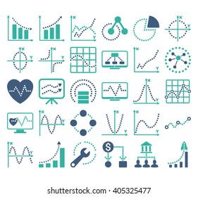 Business Charts With Square Dots vector icons. Style is bicolor cobalt and cyan flat symbols on a white background.