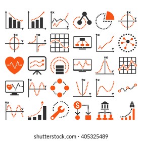 Business Charts With Square Dots vector icons. Style is bicolor orange and gray flat symbols on a white background.