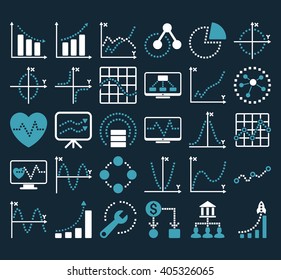 Business Charts With Square Dots vector icons. Style is bicolor blue and white flat symbols on a dark blue background.