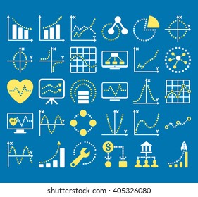 Business Charts With Square Dots vector icons. Style is bicolor yellow and white flat symbols on a blue background.