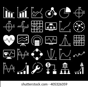 Business Charts With Square Dots vector icons. Style is white flat symbols on a black background.