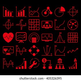 Business Charts With Square Dots vector icons. Style is red flat symbols on a black background.