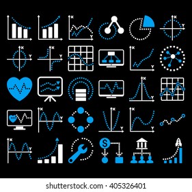 Business Charts With Square Dots vector icons. Style is bicolor blue and white flat symbols on a black background.