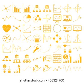 Business Charts With Triangle Dots vector icons. Style is yellow flat symbols on a white background.