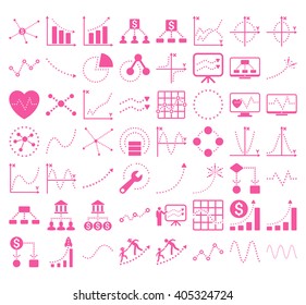 Business Charts With Triangle Dots vector icons. Style is pink flat symbols on a white background.