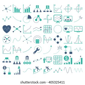 Business Charts With Triangle Dots vector icons. Style is bicolor cobalt and cyan flat symbols on a white background.