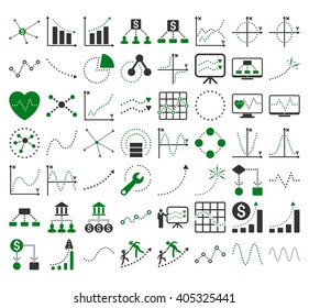 Business Charts With Triangle Dots vector icons. Style is bicolor green and gray flat symbols on a white background.