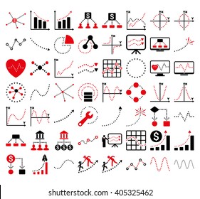 Business Charts With Triangle Dots vector icons. Style is bicolor intensive red and black flat symbols on a white background.