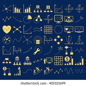 Business Charts With Triangle Dots vector icons. Style is yellow flat symbols on a blue background.