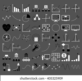 Business Charts With Triangle Dots vector icons. Style is bicolor black and white flat symbols on a gray background.