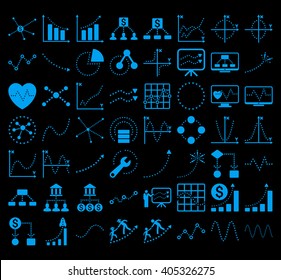 Business Charts With Triangle Dots vector icons. Style is blue flat symbols on a black background.