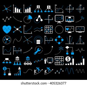 Business Charts With Triangle Dots vector icons. Style is bicolor blue and white flat symbols on a black background.