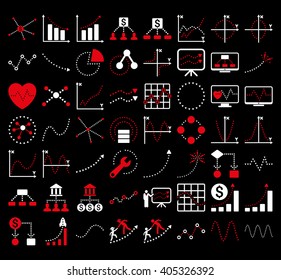 Business Charts With Triangle Dots vector icons. Style is bicolor red and white flat symbols on a black background.