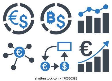 Business Charts vector icons. Icon style is bicolor smooth blue flat symbols with rounded angles on a white background.