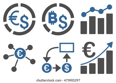 Business Charts vector icons. Pictogram style is bicolor cobalt and gray flat icons with rounded angles on a white background.