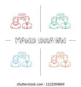 Business chat hand drawn icons set. Online support. Color brush stroke. Work discussions. Job interview. Business conversation. Isolated vector sketchy illustrations