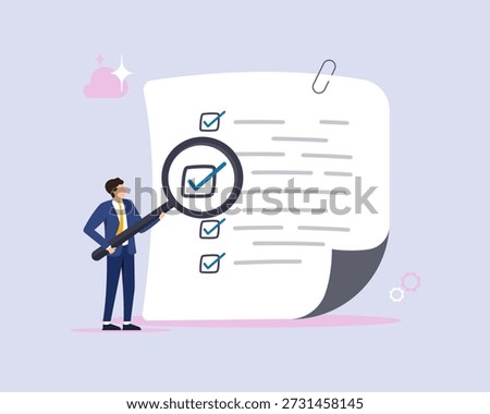 Business checklist featuring audit and document review, quality control and compliance verification, task completion and approval process, inspection and evaluation concept illustration