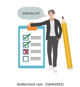 Business checklist presenting by business man cartoon vector illustration