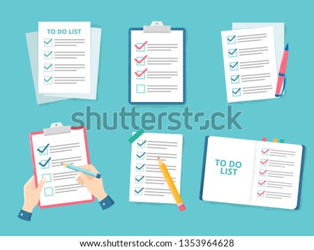 Business checklist. Priority list checks, check mark list and checking paper to do checklists. Office checks forms, businessman organization questionnaire. Flat vector illustration isolated icons set