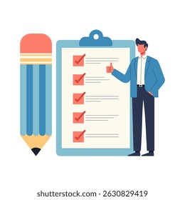 Sucesso da lista de verificação de negócios - Homem profissional com lista de tarefas concluída e ilustração do vetor de lápis