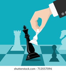 Business checkmate strategy vector concept with hand holding chess pawn knocking down king. Business strategy win metaphor illustration