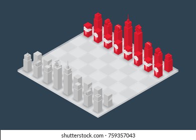 Business chess cube isometric 3d design set, Start Game concept idea illustration isolated on dark blue background