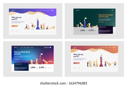 Business chess set. Managers standing playing chess, holding pieces. Flat vector illustrations. Game, strategy, team hierarchy concept for banner, website design or landing web page
