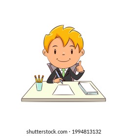 Business child working at desk, happy cute kid