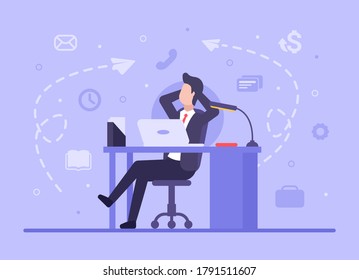 Business chilling out concept. Vector flat businessman sits at a work table and rests from business-related affairs. Rest after a hard day at work. Web banner on sites and smartphones. EPS 10.