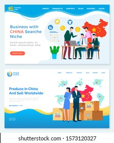 Business with China search niche and relation between counties. Trade and selling products from asian country. People negotiating price. Website or webpage template, landing page vector in flat style