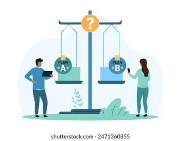 Business choice between alternative options, plan A and plan B strategy. Tiny people solve dilemma using balance scales, information analysis to choose right project cartoon vector illustration