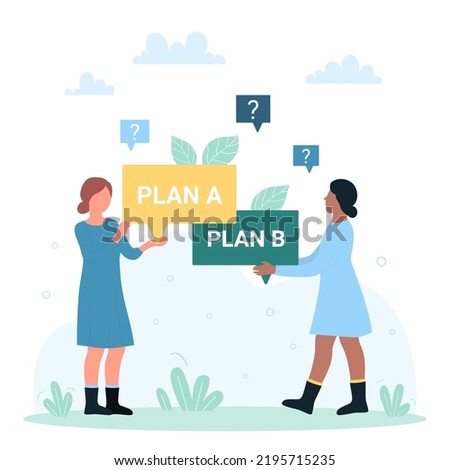 Business choice between alternative options, priority and creative solution vector illustration. Cartoon people holding balloons with plan A and plan B strategy, complicated comparison concept