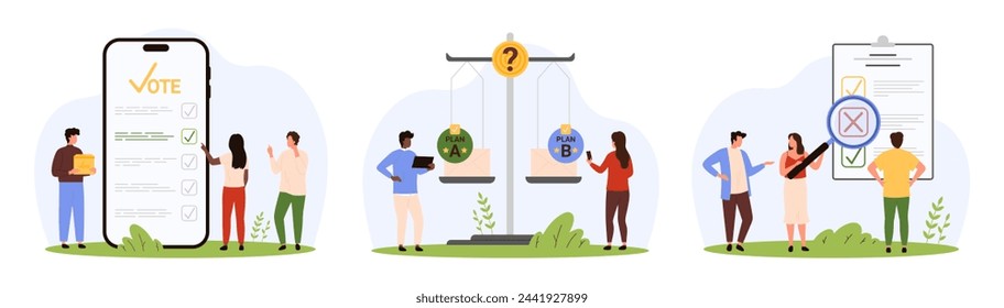 Business choice between options priority, voting set. Tiny people vote online with mobile app, check list with magnifying glass, compare plan A and plan B on balance scales cartoon vector illustration