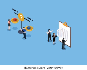 Business choice between options priority, voting set check list with magnifying glass, compare plan A and plan B on balance scales 3d isometric vector illustration