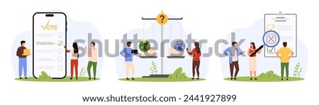 Business choice between options priority, voting set. Tiny people vote online with mobile app, check list with magnifying glass, compare plan A and plan B on balance scales cartoon vector illustration