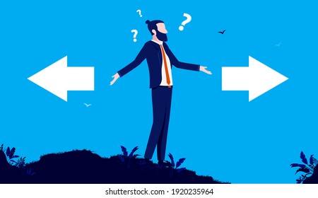 Business choice - Businessman questioning what to choose with question marks over head.Vector illustration.