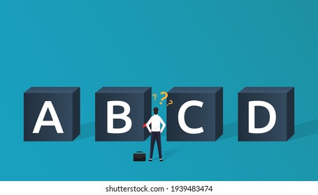 Business Choice Concept With Businessman Character In Front Of Four Boxes With Different Alphabet. Decision Maker In Business And Career Path.