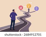 Business Choice Concept. Vector cartoon illustration of a businessman standing at a crossroads with paths leading to growth, innovation, and finance, symbolizing strategic decision-making. 
