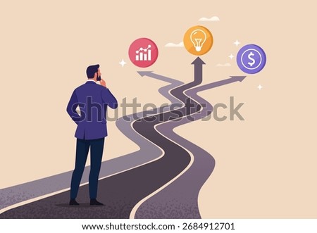 Business Choice Concept. Vector cartoon illustration of a businessman standing at a crossroads with paths leading to growth, innovation, and finance, symbolizing strategic decision-making. 