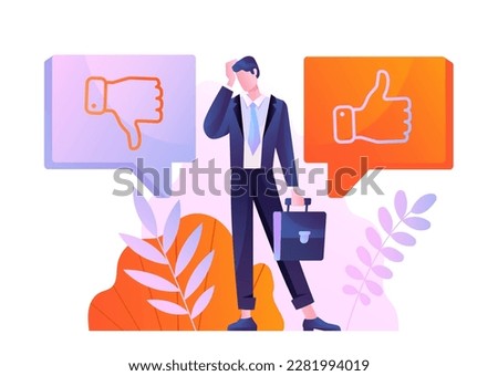 Business choice concept. Young guy in suit with briefcase stands by will of two speech bubbles with thumbs up. Entrepreneur makes decision