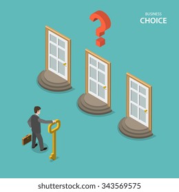 Business Choice Isometric Flat Vector Concept. Businessman Is Trying To Choose A Right Door To Enter It. Choosing A Right Way To Solve A Problem.