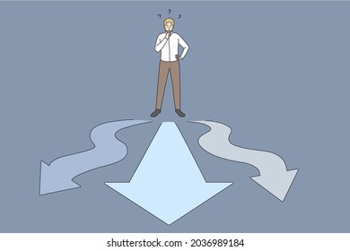 Business choice and opportunities concept. Young businessman worker standing on crossroads with ways on different sides feeling doubt frustrated which way to choose vector illustration 