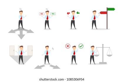 Business choice set. Man choosing the rigt way.